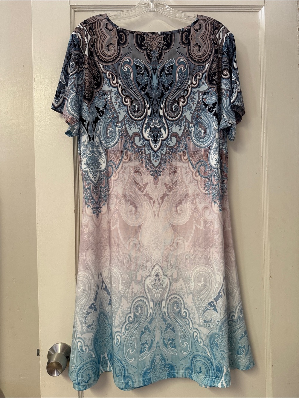 Paisley Scalloped V-Neck Dress Short Sleeve Gradient Blue & Pink Print Sz XXL - Picture 9 of 14